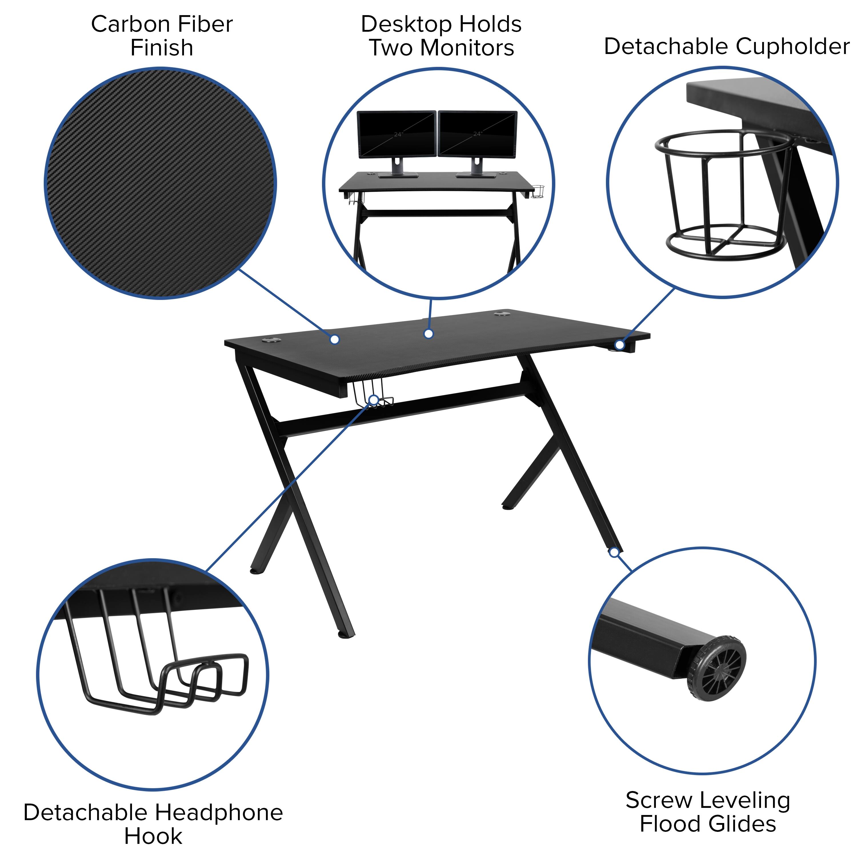 Carbon Fiber Finish  
Desktop Holds Two Monitors  
Detachable Cupholder  
Detachable Headphone Hook  
Screw Leveling Flood Glides
