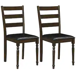 Gymax - 2PCS Farmhouse PU Leather Upholstered Dining Chairs w/Ladder Back Padded Seat Black - Brown