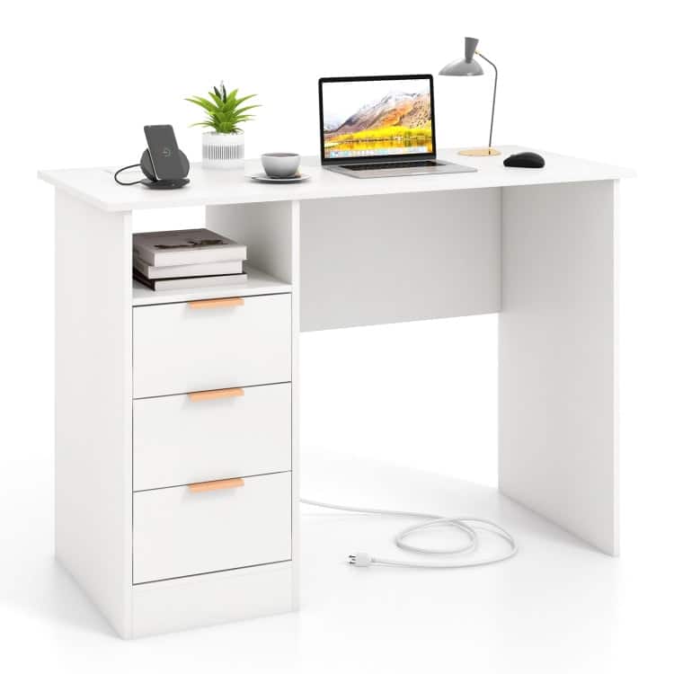 Resenkos - Home Office Desk with Power Outlet 3 Storage Drawers and Open Compartment- Home Office Desks, Computer Desks - White