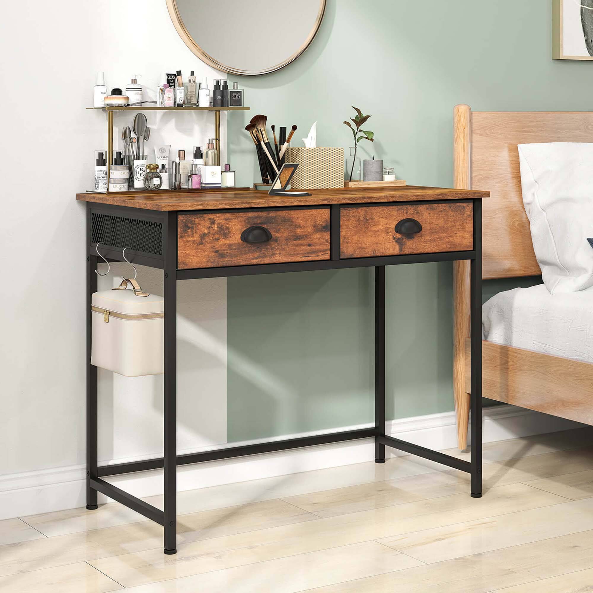 Alt View 4. Costway - Costway Space Saving Home Computer Desk with 2 Fabric Drawers 4 Hanging Hooks & Metal Frame Brown - Brown.