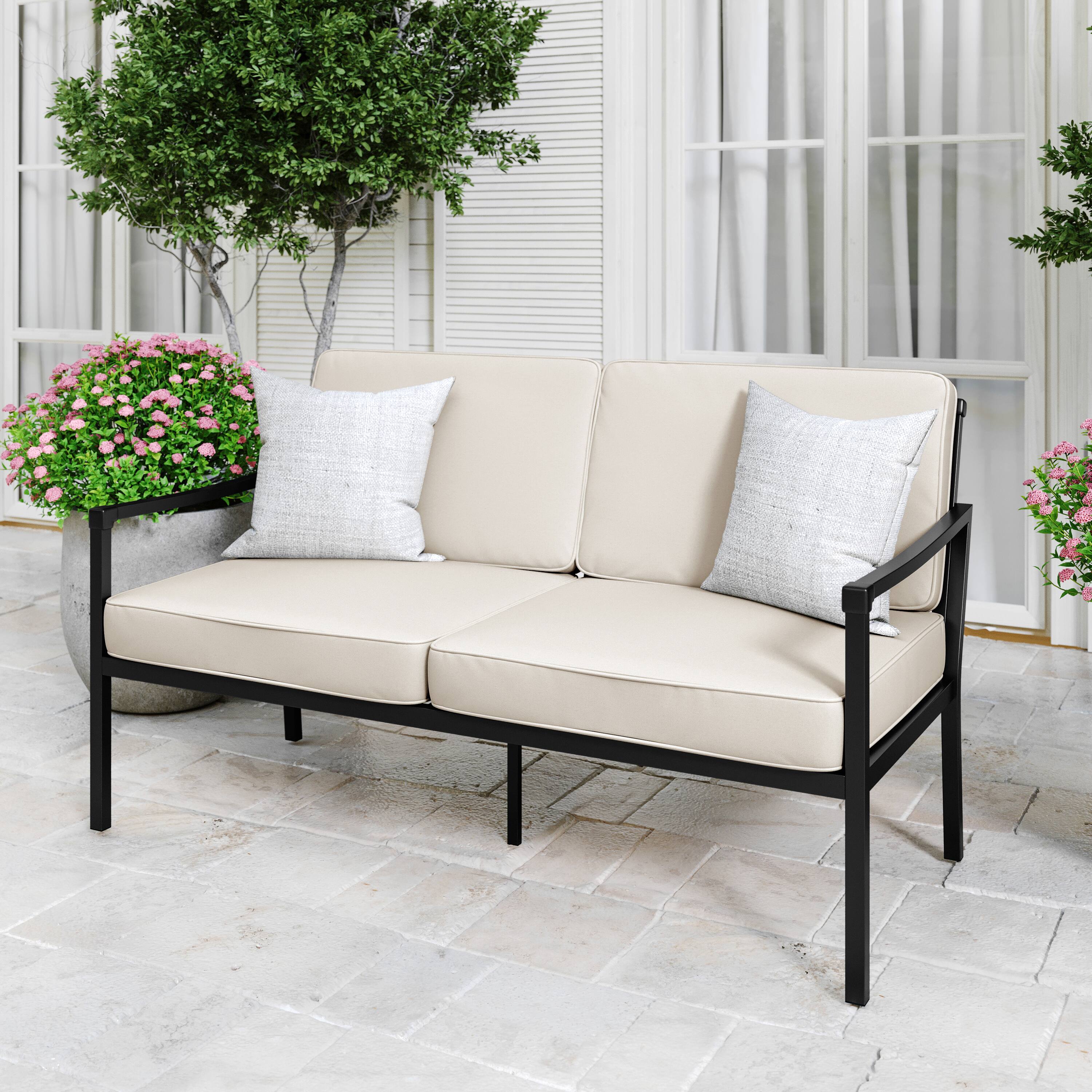 Alt View 4. Martha Stewart - Lily Pond All-Weather Steel Frame Patio Loveseat with Cushions - Cream Cushions/Black Frame.