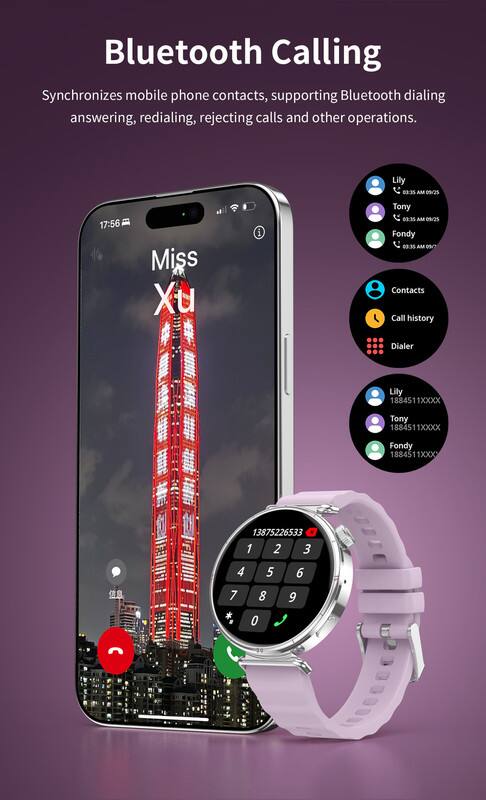 Bluetooth Calling  
Synchronizes mobile phone contacts, supporting Bluetooth dialing answering, redialing, rejecting calls and other operations.  

Lily 03:35 AM 09/25  
Miss Xu i Tony 03:35 AM 09/25  
Fondy 03:35 AM 09/25  

Contacts  
Call history  
Dialer  

Lily 1884511XXXX  
Tony 1884511XXXX  
Fondy 1884511XXX  
13875226533  

1 2 3  
4 5 6  
7 8 9  
0