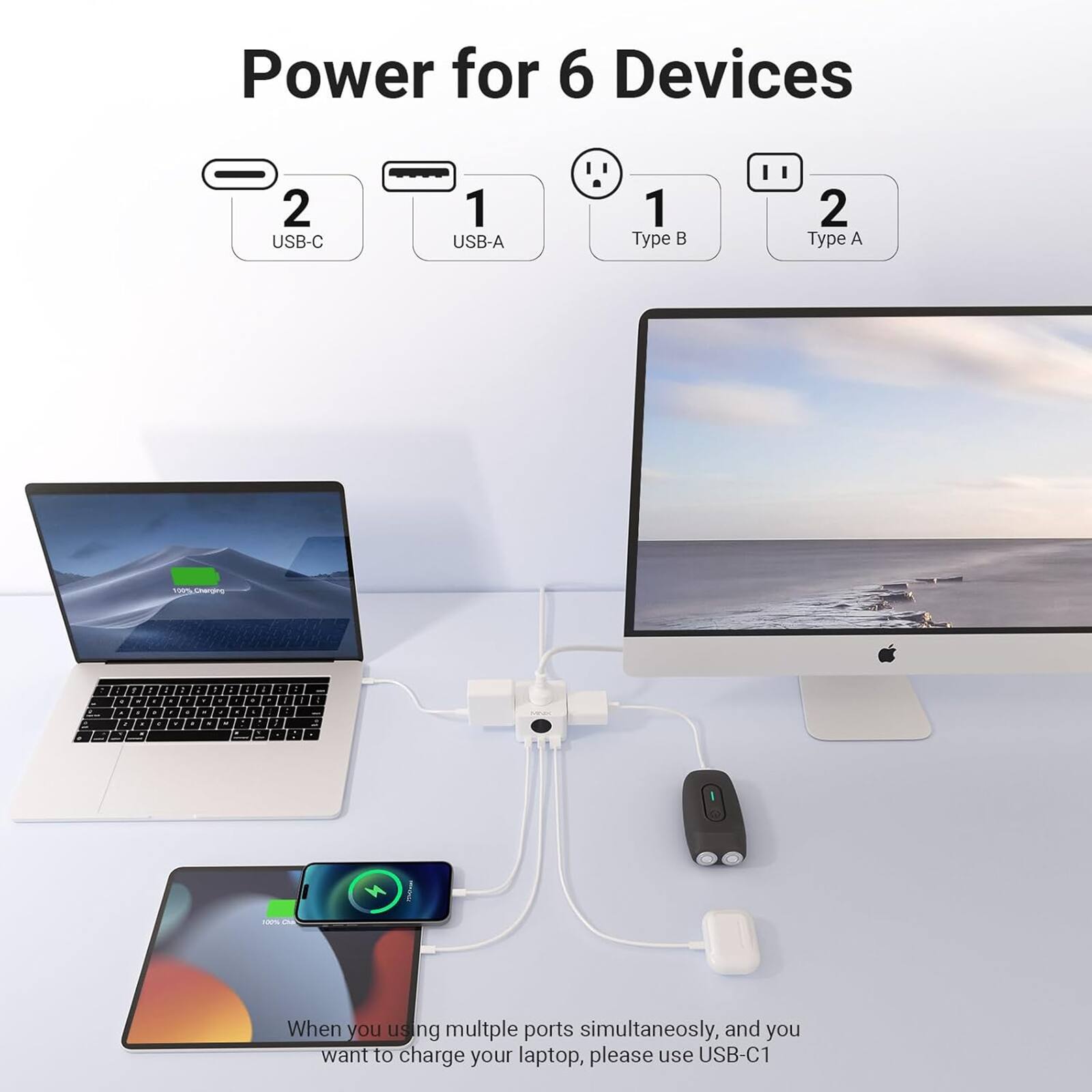 Power for 6 Devices: 2 USB-C, 1 USB-A, 1 Type B, 2 Type A. When using multiple ports simultaneously, and you want to charge your laptop, please use USB-C.