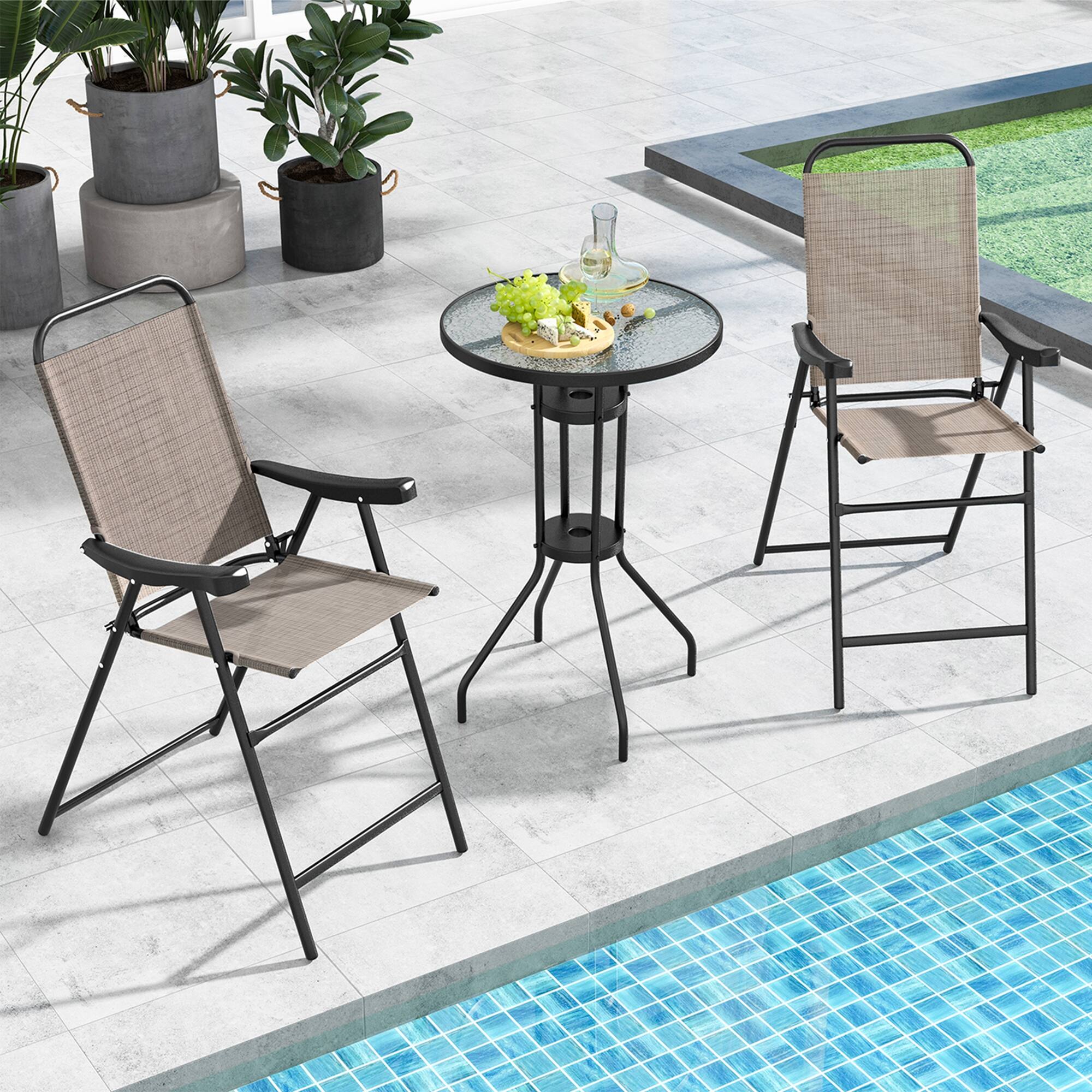 Alt View 3. Costway - Costway 2 PCS Patio Bar Chair Folding Bar Height Metal Frame with Footrest Garden - Brown.