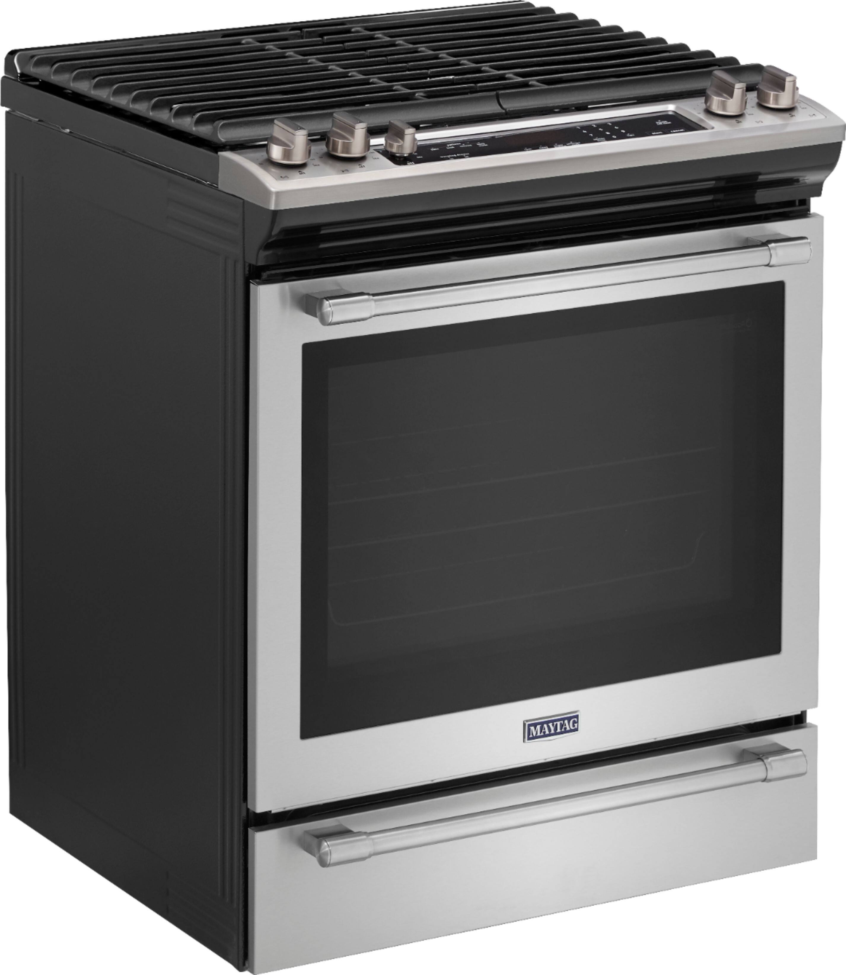 Angle. Maytag - 5.8 Cu. Ft. Self-Cleaning Fingerprint Resistant Slide-In Gas Convection Range - Fingerprint Resistant Stainless Steel.