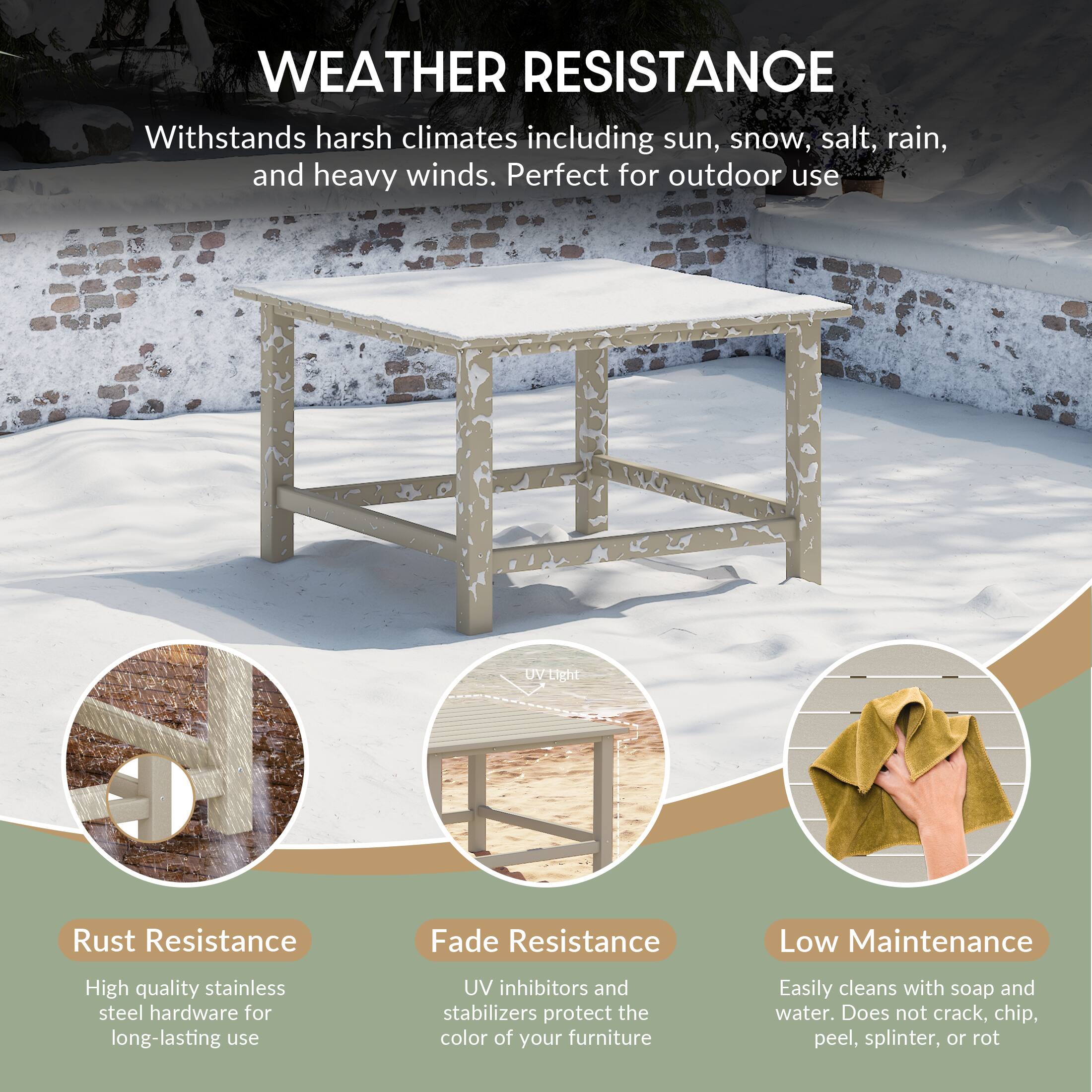 WEATHER RESISTANCE

Withstands harsh climates including sun, snow, salt, rain, and heavy winds. Perfect for outdoor use

- Rust Resistance
  High quality stainless steel hardware for long-lasting use

- Fade Resistance
  UV inhibitors and stabilizers protect the color of your furniture

- Low Maintenance
  Easily cleans with soap and water. Does not crack, chip, peel, splinter, or rot