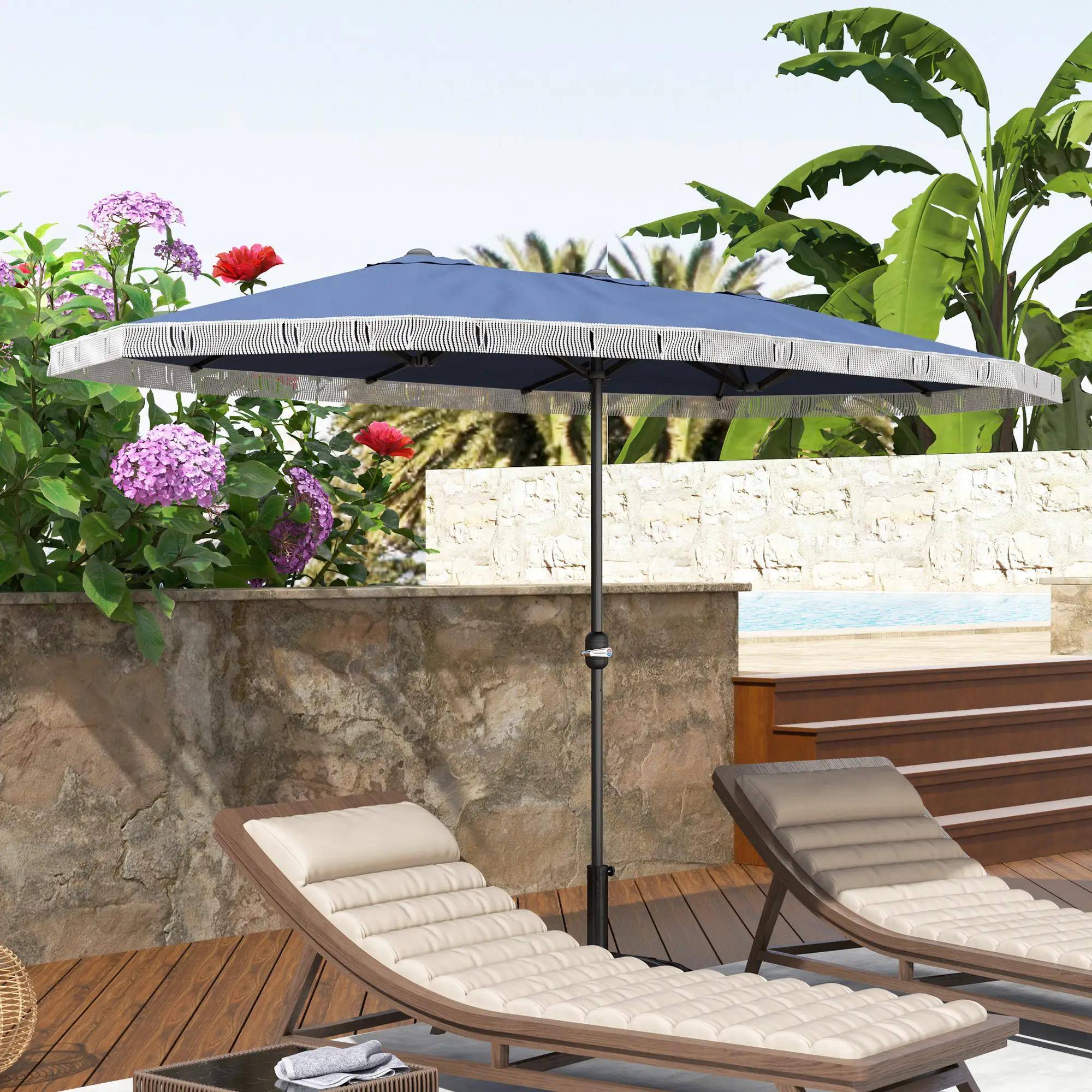 Alt View 6. Spaco - Spaco 15Ft Rectangular Patio Umbrella, UPF30 Plus Fringe Shade with Crank - Blue.