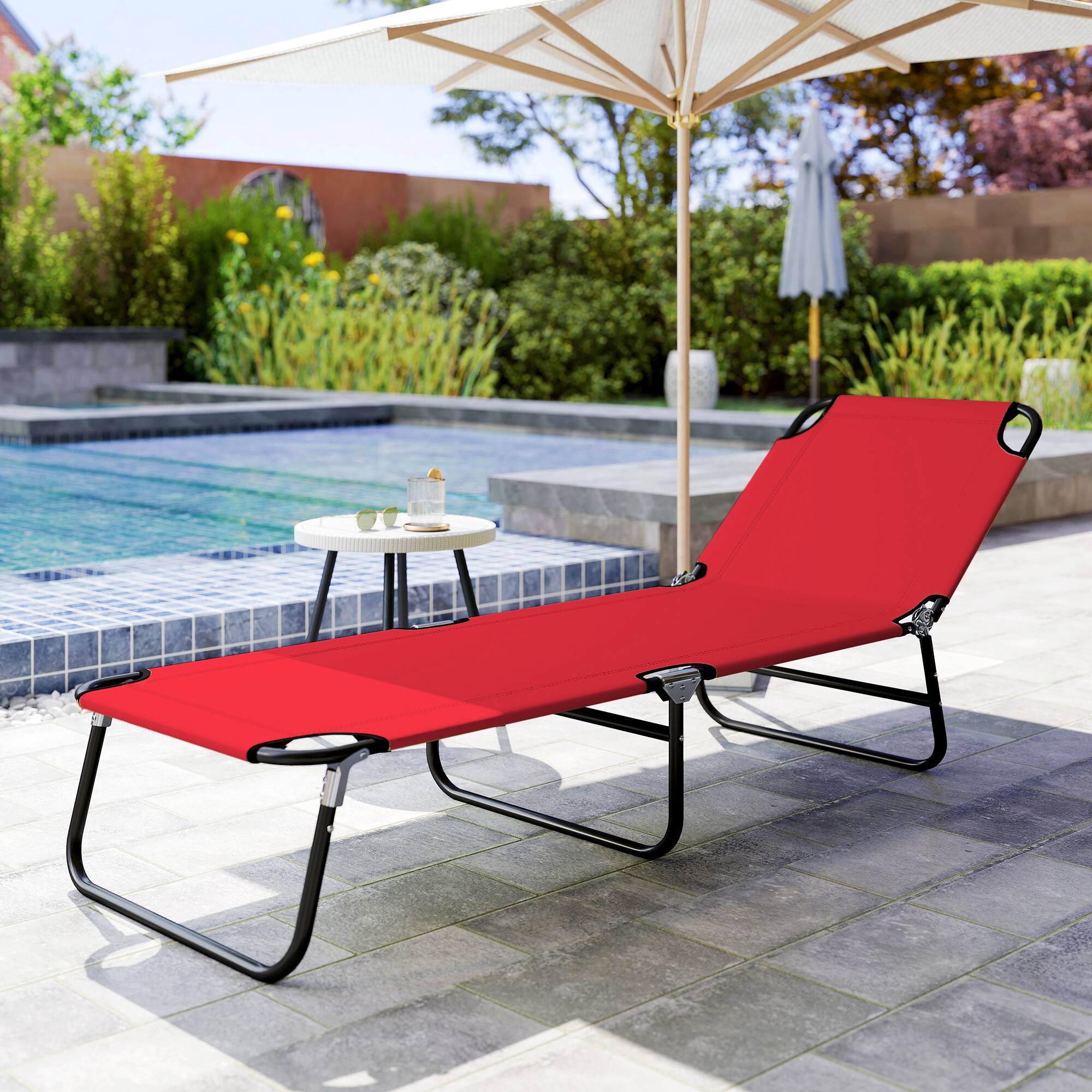 Alt View 7. Outsunny - Folding Chaise Lounge Pool Chairs, Outdoor Sun Tanning Chairs with 5-Level Reclining Back, Steel Frame for Beach - Red.