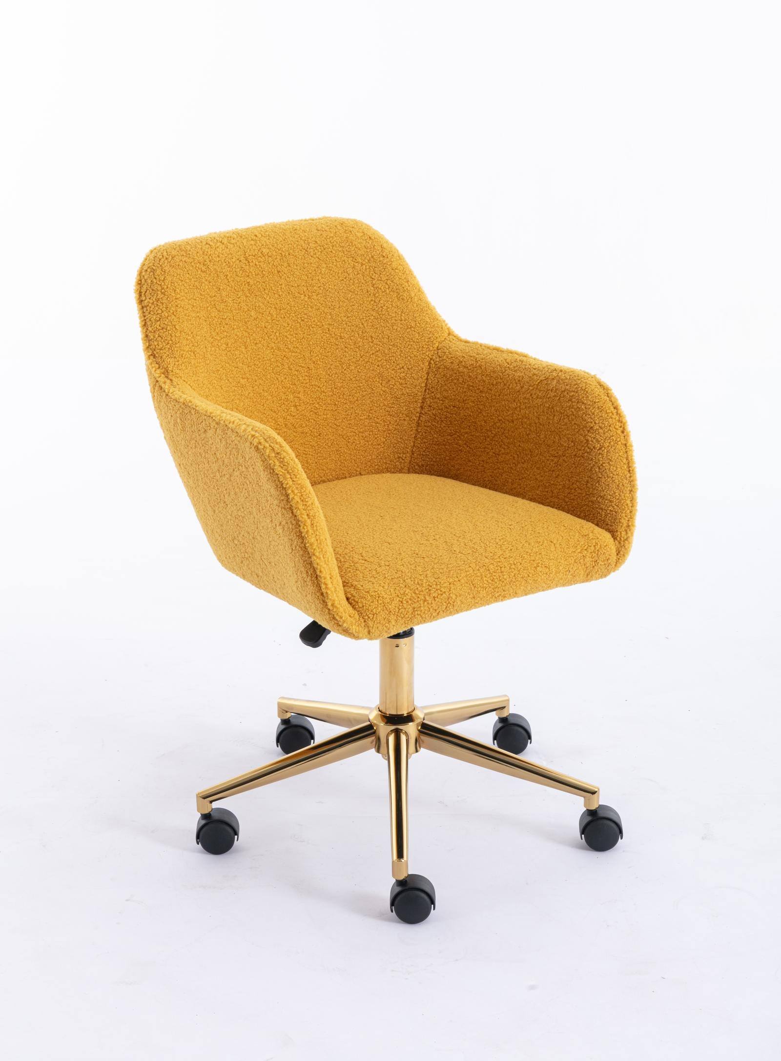 Spaco - Modern Teddy Fabric Office Chair with Gold Metal Legs, Adjustable Swivel Desk Chair for Bedroom and Home Office - Yellow Teddy