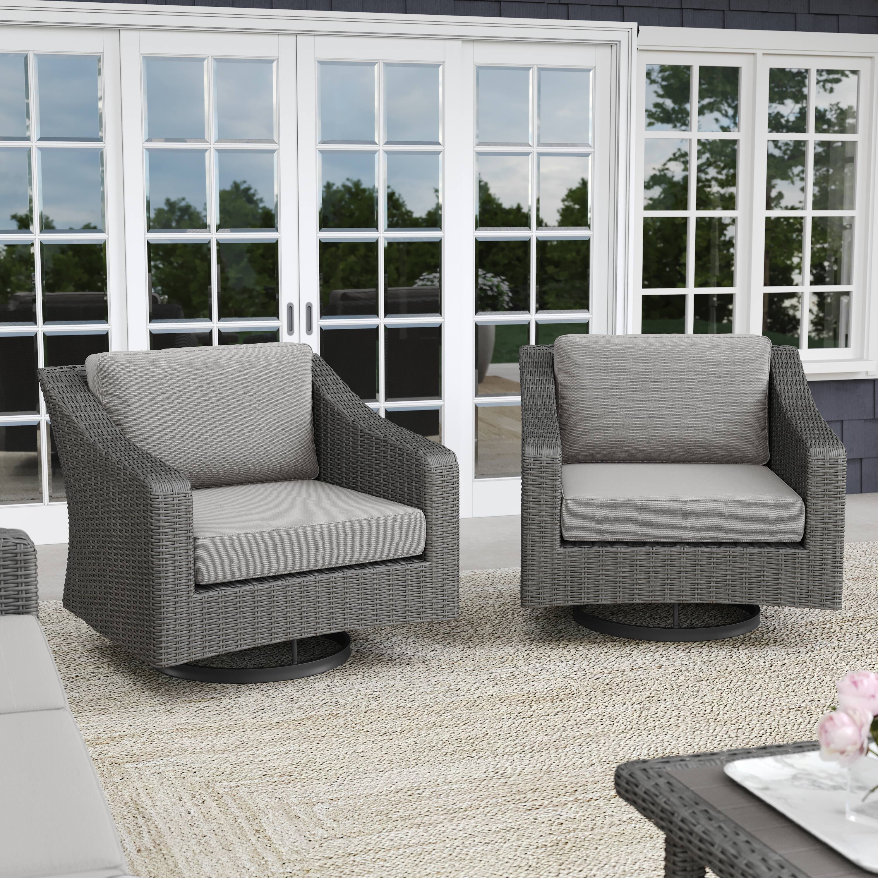 Alt View 1. Martha Stewart - Bedford 2PK Outdoor Rattan Wicker Swivel Chairs with All-Weather Cushions - Gray Cushions/Gray Frame.