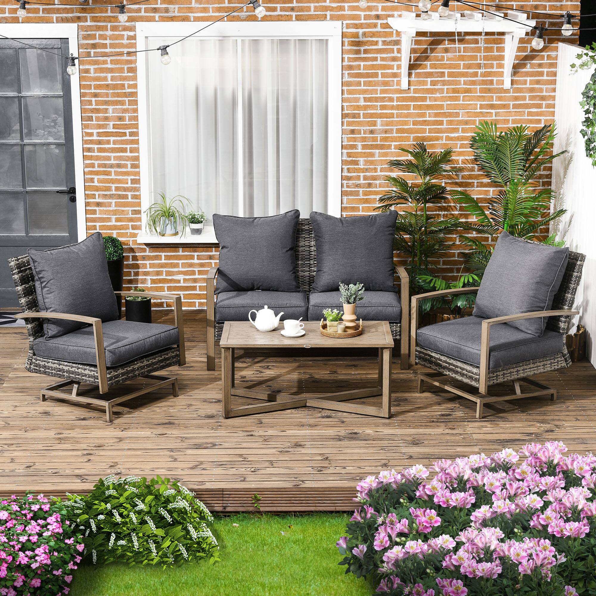 Alt View 1. Outsunny - 4 Piece Wicker Patio Furniture Set with 2 Rocking Chairs, Loveseat Sofa, Outdoor PE Rattan Conversation Set - Dark Gray.