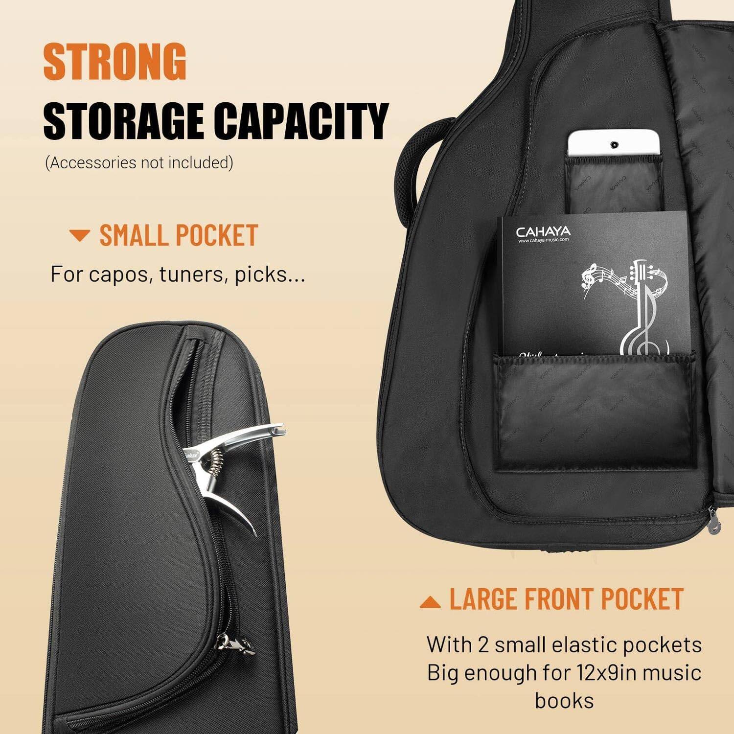 STRONG STORAGE CAPACITY  
(Accessories not included)  

SMALL POCKET  
For capos, tuners, picks...  

LARGE FRONT POCKET  
With 2 small elastic pockets  
Big enough for 12x9in music books
