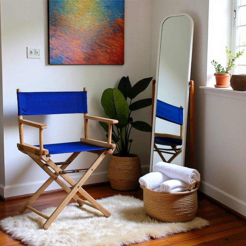 Alt View 2. FurniFact - Royal Blue Canvas Director Chair with Foldable Solid Wood Frame - Natural Frame/Royal Blue Canvas.