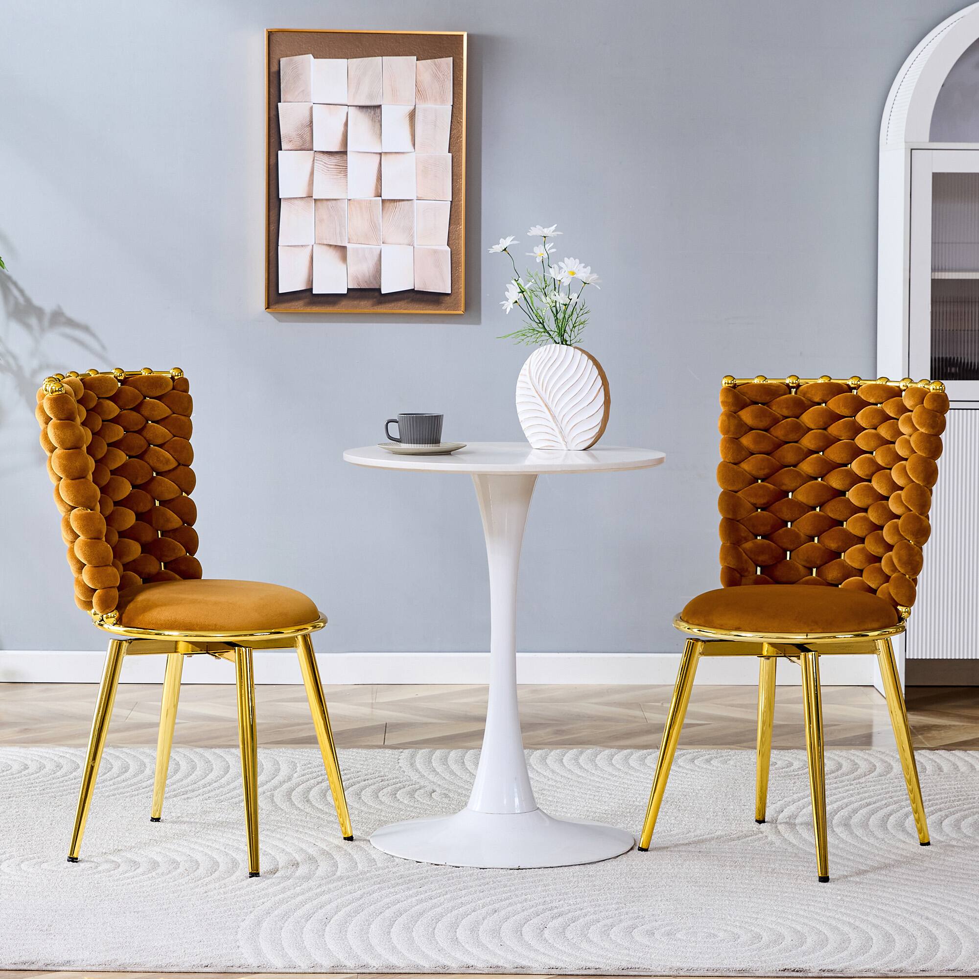 Left. Loheer - Loheer Velvet Dining Chairs Set of 2 Orange Woven Back Cushioned Accent Chairs with Gold Metal Legs 1.75 ft - Gold,Orange.