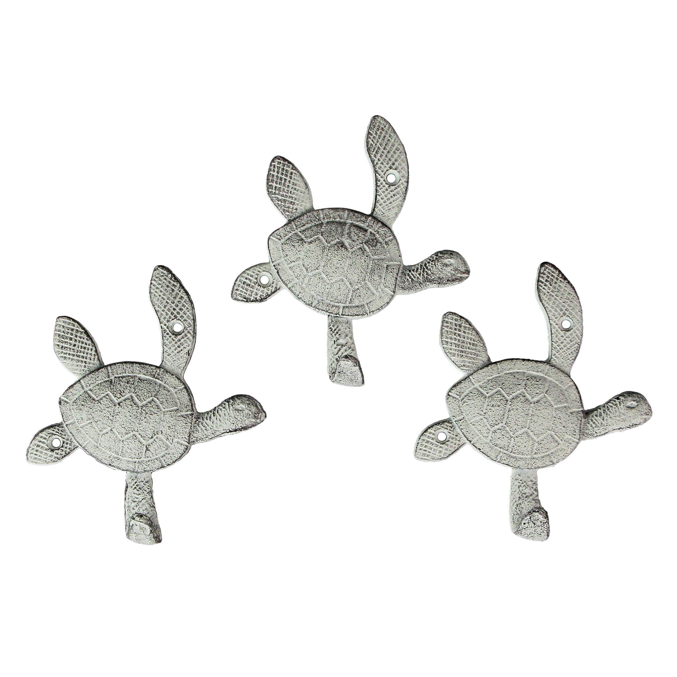 Chesapeake Bay - 6 Inch Cast Iron Antique Sea Turtle Wall Hook Towel Hanger Hat Rack Home Decor Set of 3 - White