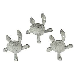 Chesapeake Bay - 6 Inch Cast Iron Antique Sea Turtle Wall Hook Towel Hanger Hat Rack Home Decor Set of 3 - White