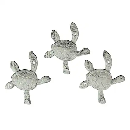 Front. Chesapeake Bay - 6 Inch Cast Iron Antique White Sea Turtle Wall Hook Towel Hanger Hat Rack Home Decor Set of 3 - White.