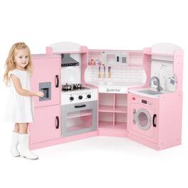Costway - Corner Play Kitchen Toddler Kitchen Playset with Range Hood, Ice Maker, Microwave - Pink