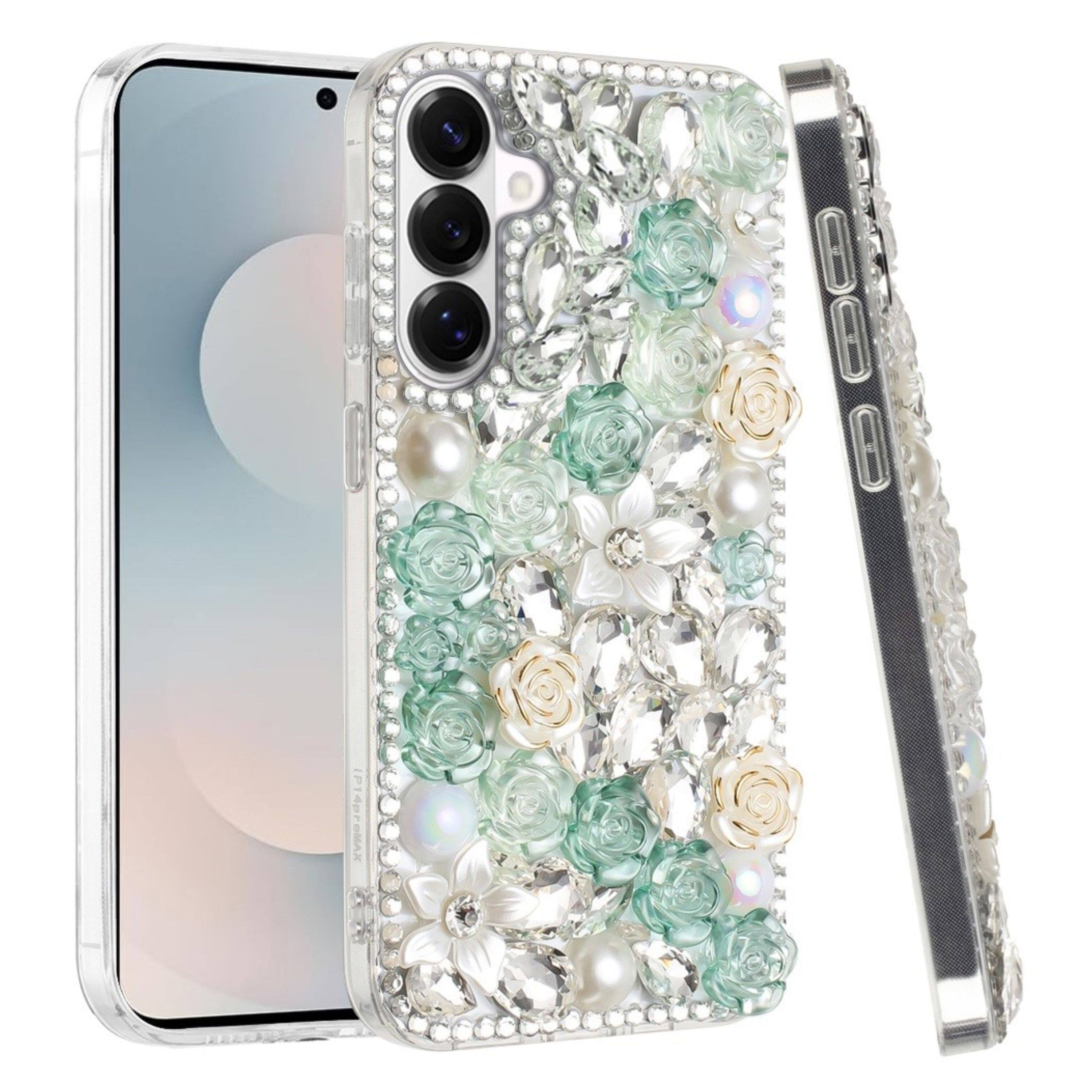 Angle. Kitcheniva - Full Rhinestone 3D Rose Bling Design Phone Case With Tempered Glass For Samsung Galaxy S26+ Plus Green - Green.