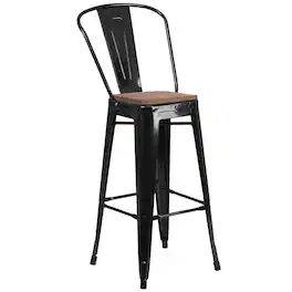 Flash Furniture - Lily 30" High Metal Barstool with Back and Wood Seat - Black