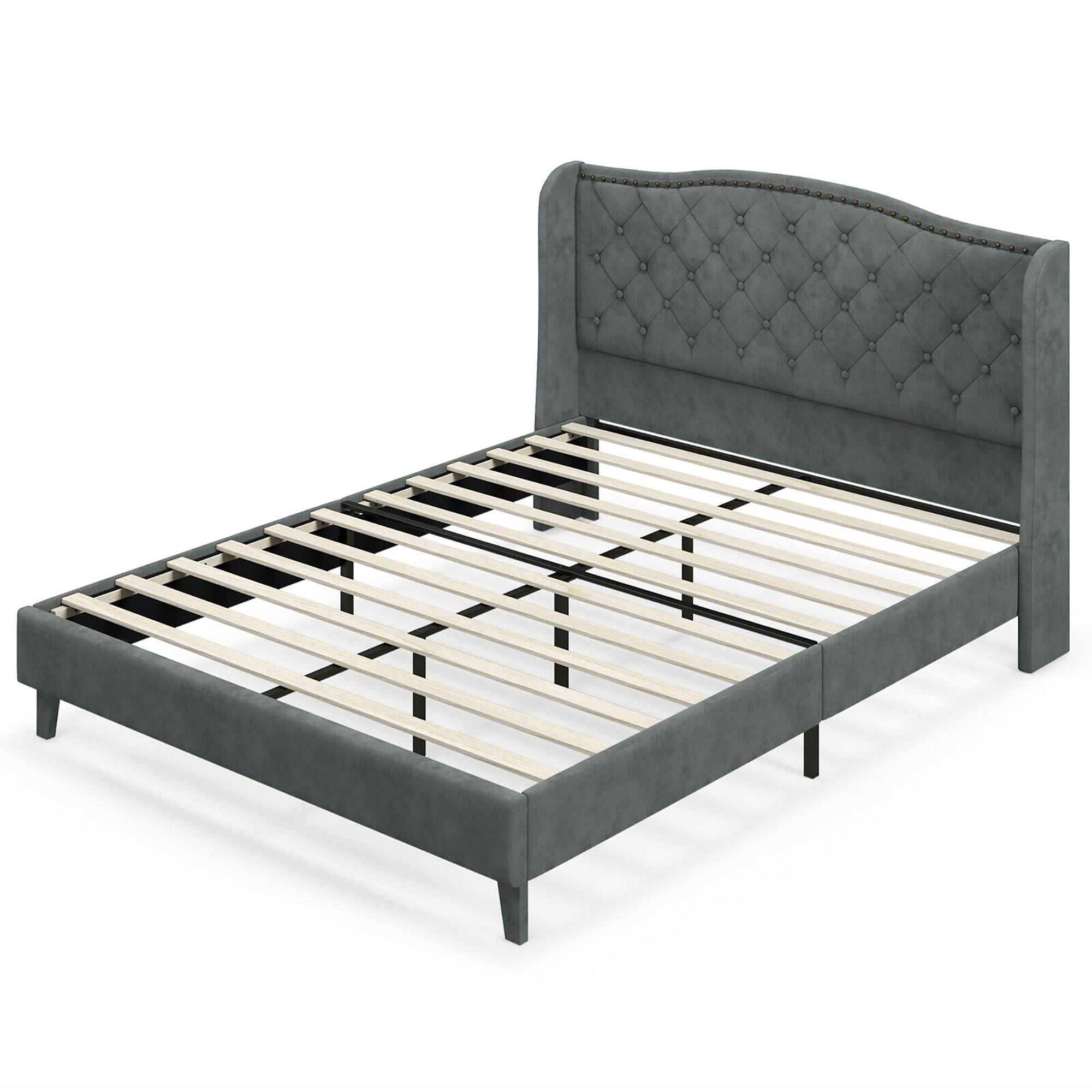 Alt View 4. Gymax - Gymax Queen Upholstered Platform Bed Frame w/ Button Tufted Headboard Noise-free - Grey.