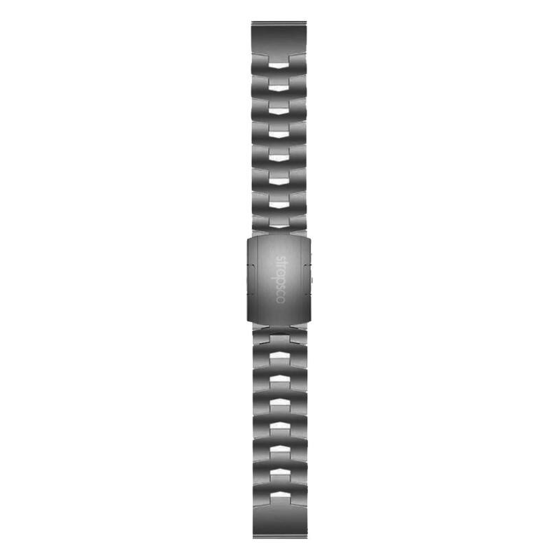 Left. StrapsCo - Vented Titanium Bracelet QuickFit 22 Metal Watch Band Strap For Garmin Forerunner 955 - Gunmetal.