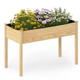 Costway - Wooden Raised Garden Bed w/Legs Liner Drainage Holes Large Planter Box for Herb - Natural
