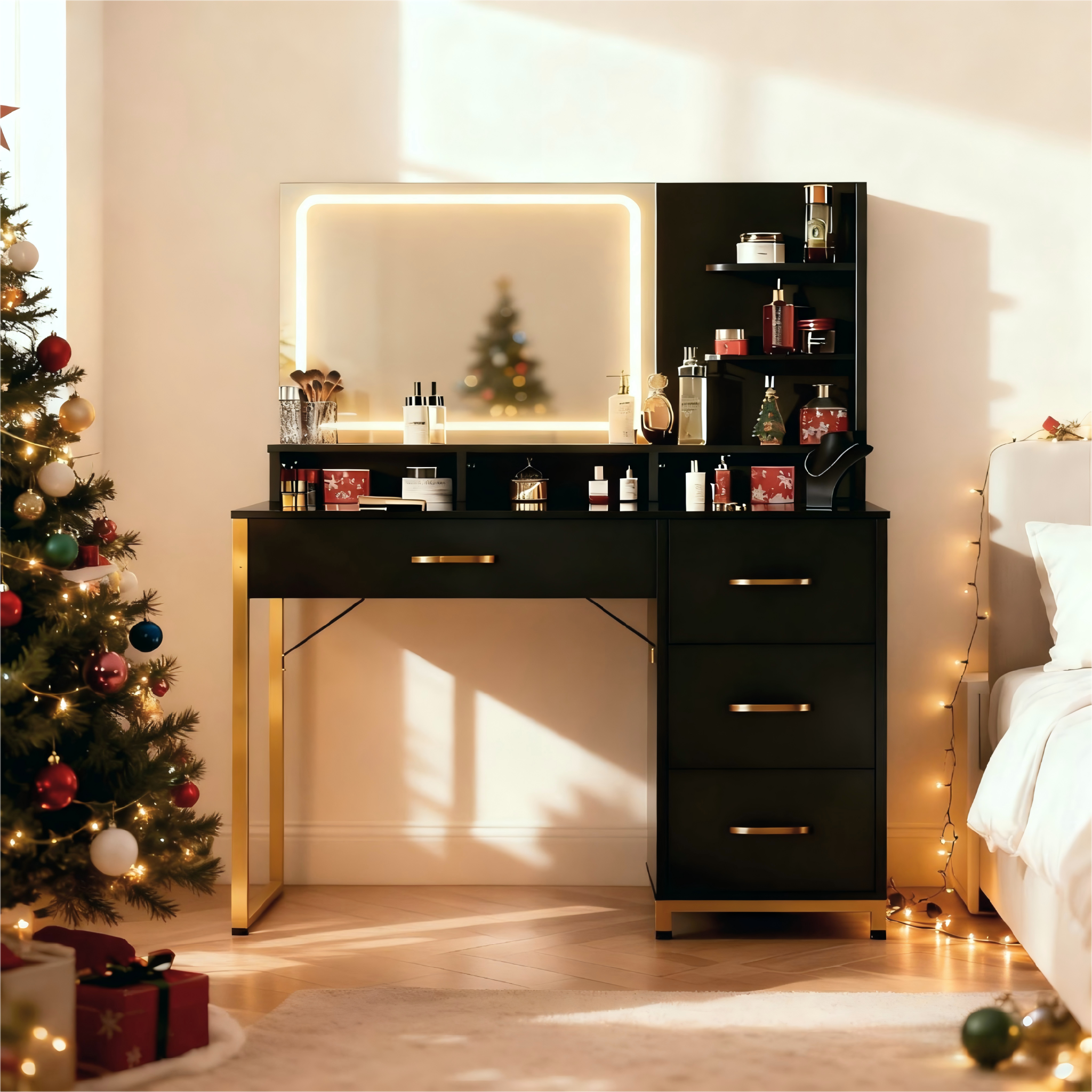 CloudRest Pro - Vanity Desk with Mirror and Lights, Makeup Vanity Table with 4 Drawers & Storage Shelves - Black