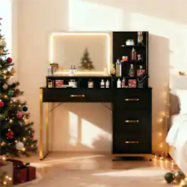 CloudRest Pro - Vanity Desk with Mirror and Lights, Makeup Vanity Table with 4 Drawers & Storage Shelves - Black