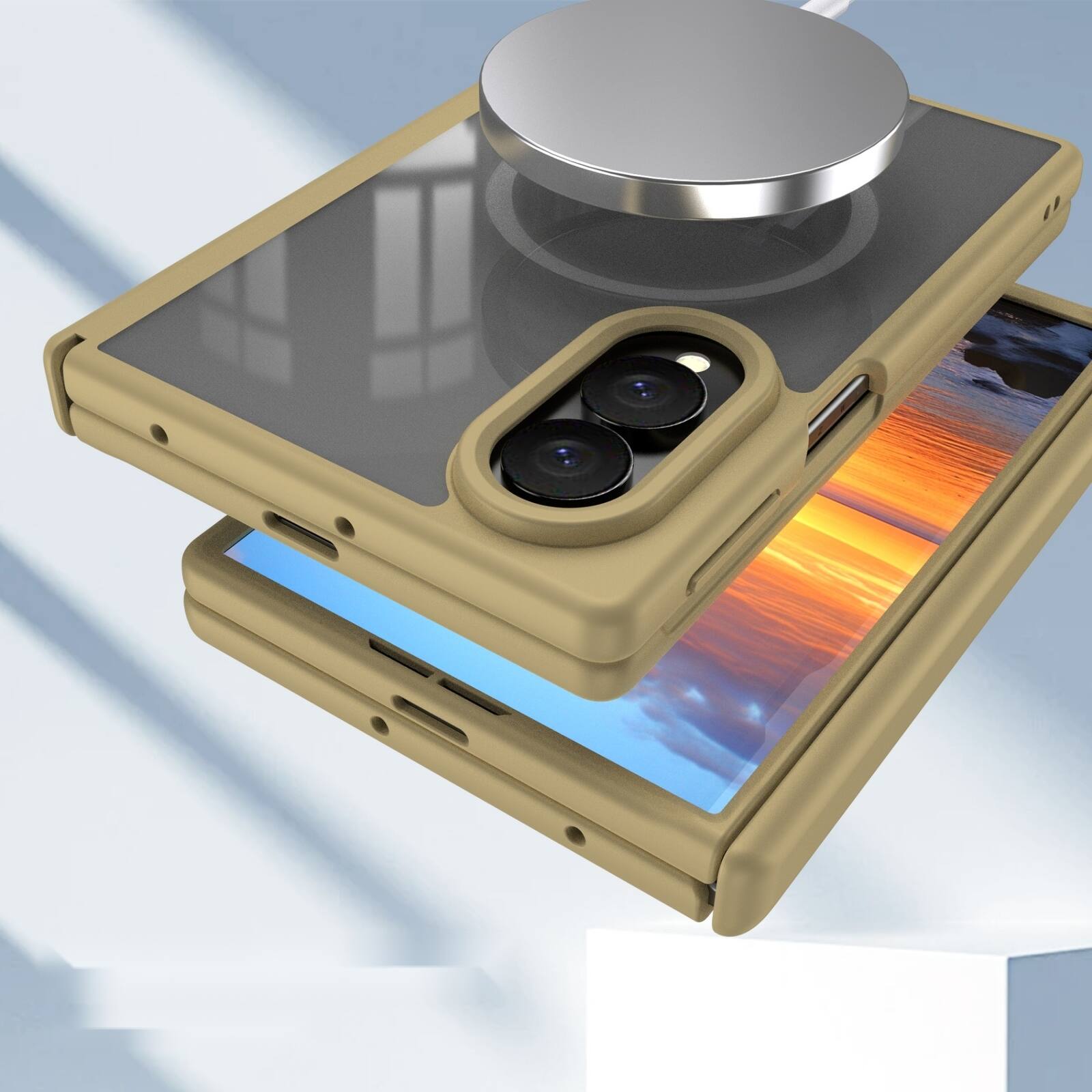 Angle. Dteck - Shockproof Phone Case for Samsung Galaxy Z Fold8 Built in Screen Film, Clear Magnetic Cover with Full Hinge Protection - Gold.
