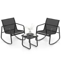 Costway - 3 Piece Patio Rocking Set 2 Rocking Bistro Chairs & Glass-Top Table for Porch - Black - Front_Zoom