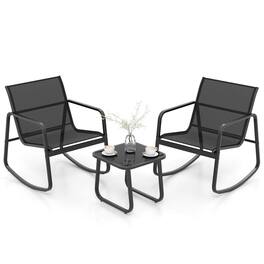 Costway - 3 Piece Patio Rocking Set 2 Rocking Bistro Chairs & Glass-Top Table for Porch - Black