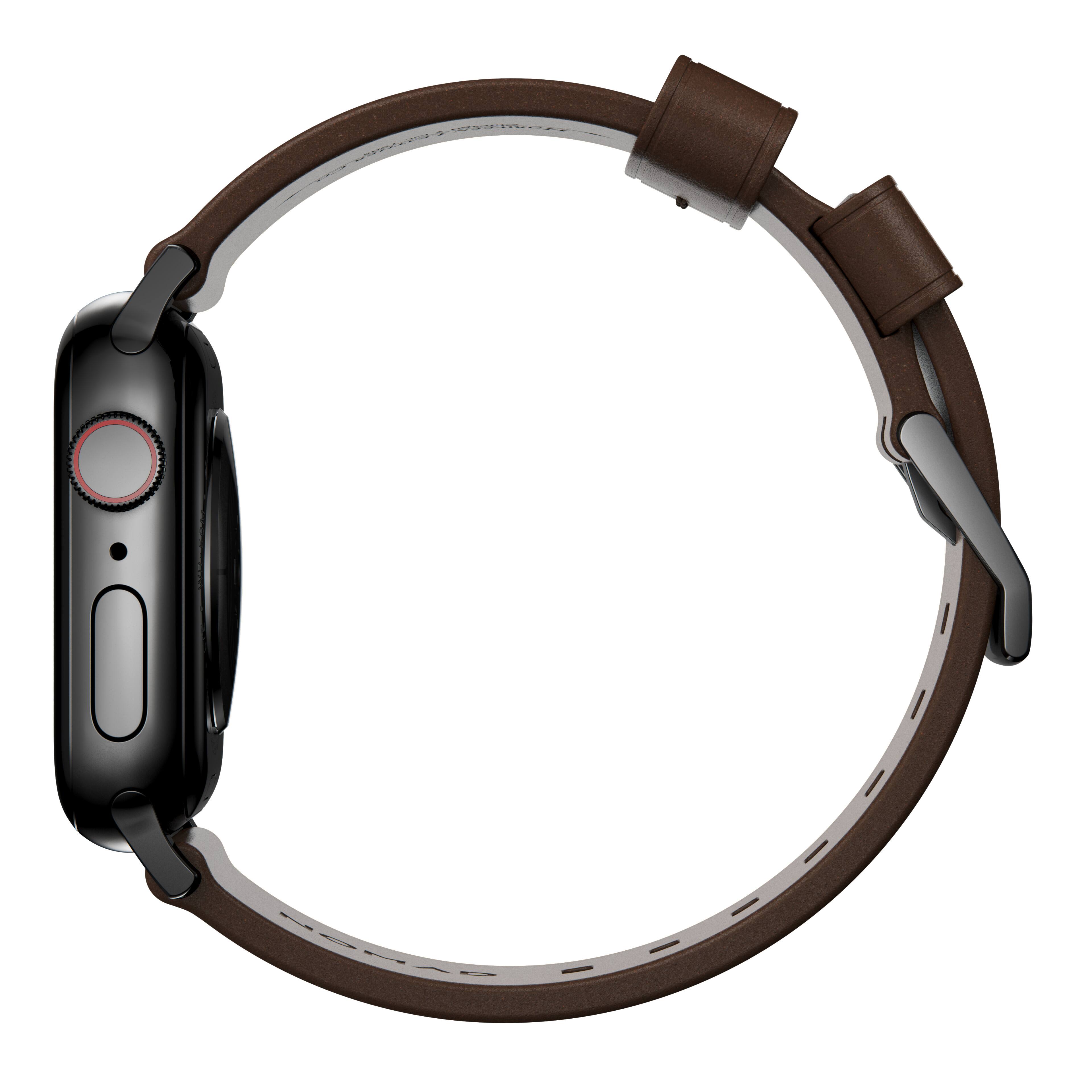 Left. Nomad - Modern Leather Watch Strap for Apple Watch 44mm/45mm/49mm - Brown with black lugs.