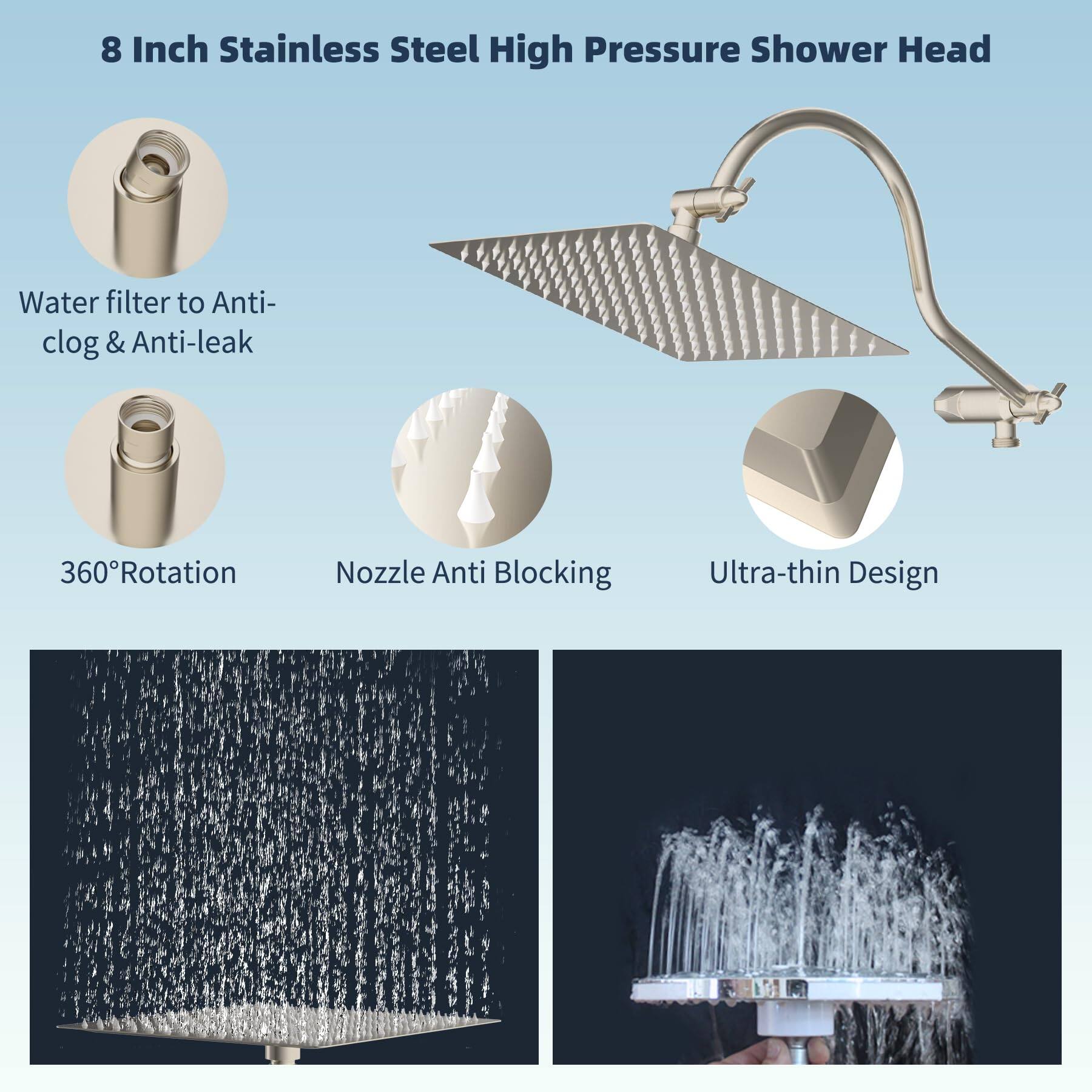 8 Inch Stainless Steel High Pressure Shower Head

- Water filter to Anti-clog & Anti-leak
- 360° Rotation
- Nozzle Anti Blocking
- Ultra-thin Design