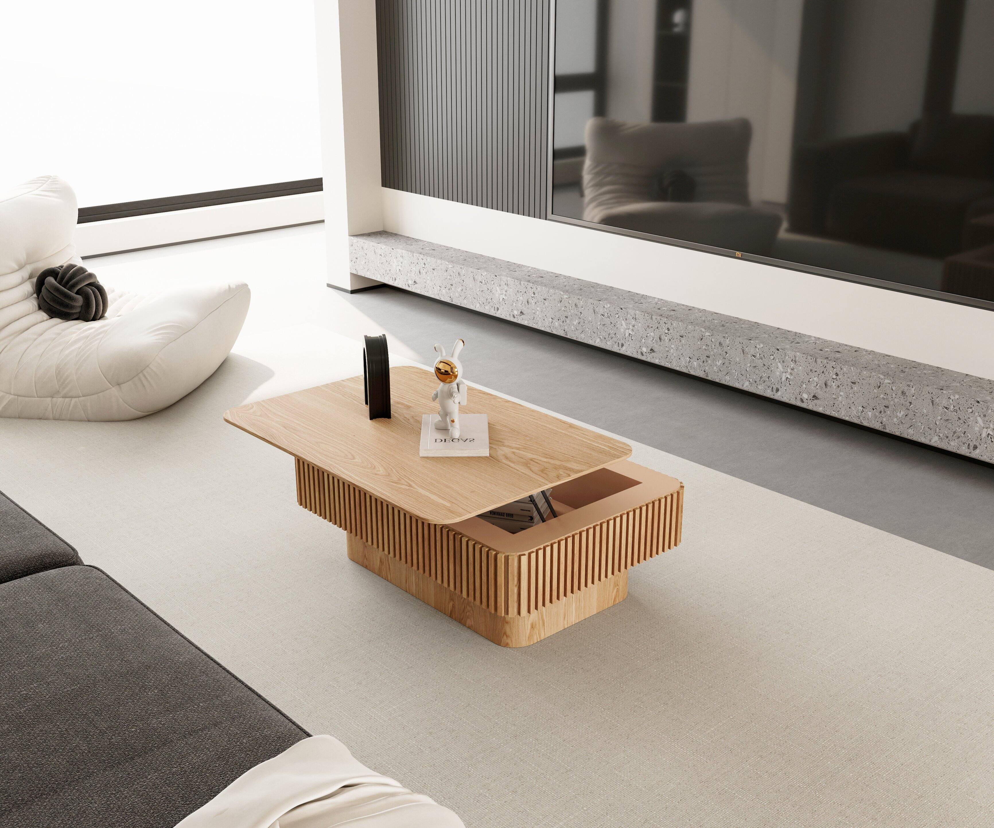 Alt View 1. Loheer - Loheer Fluted Lift Top Coffee Table Solid Wood Veneer Adjustable Height Tea Table with Hidden Storage Natural Wood - Natural Wood.