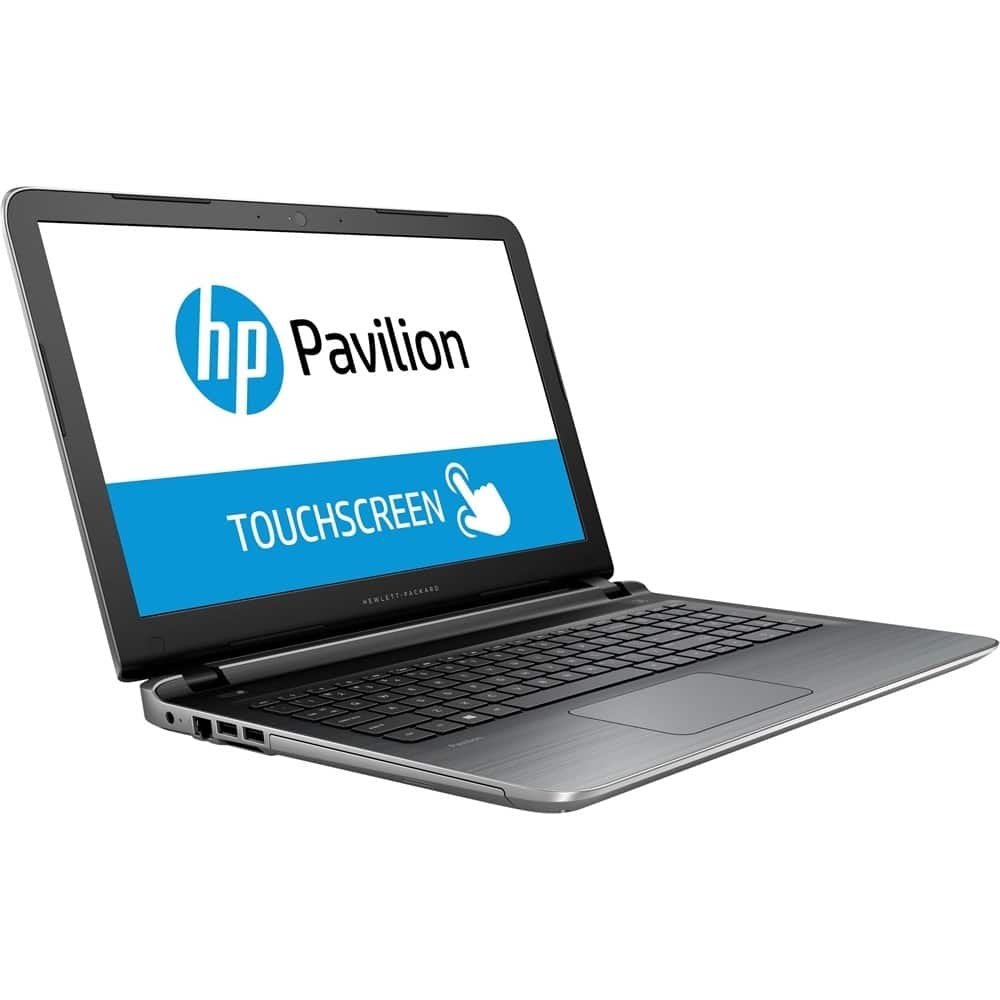 Angle. HP - Pavilion 15.6" Refurbished Touch-Screen Laptop - AMD A8-Series - 12GB Memory - 1TB Hard Drive - Natural silver, horizontal brushed line design.