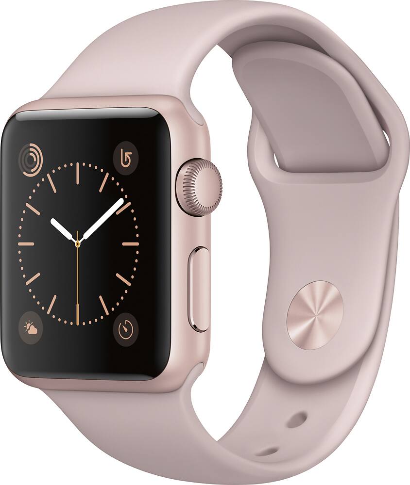 Front. Apple - Geek Squad Certified Refurbished Apple Watch Series 1 38mm Rose Gold Aluminum Case Pink Sand Sport Band - Rose Gold Aluminum.