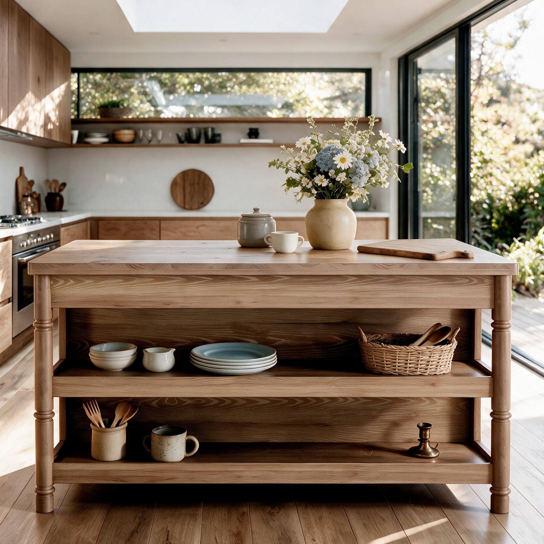 Alt View 5. Tribesigns - 63" Solid Wood Kitchen Island Table with Storage & Seating - Rustic Brown.
