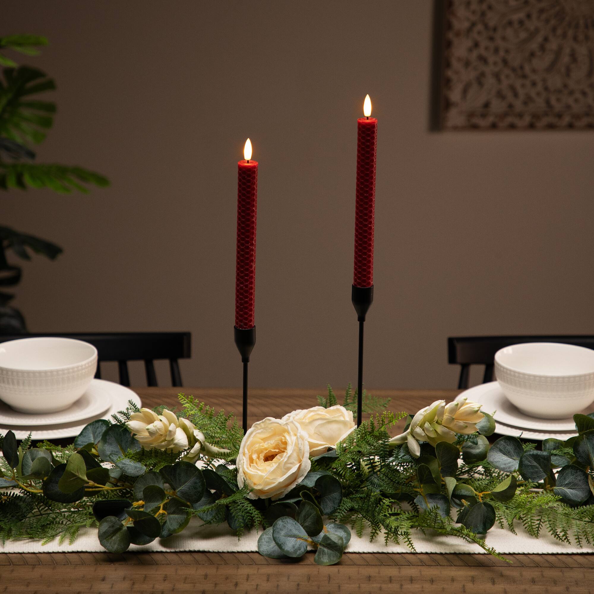 Front. Northlight - LED Flickering Flameless Taper Honeycomb Christmas Candles - 9.5" - Red - Set of 2 - Red.