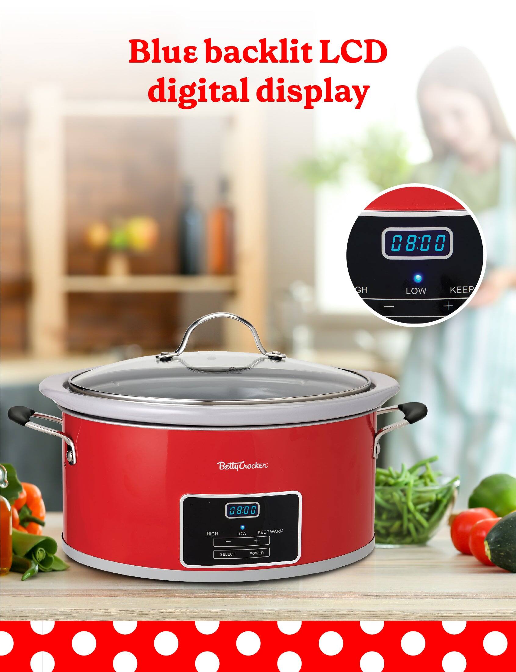 Blue backlit LCD digital display 08:00 0 GH - LOW KEEP + Betty Crocker 08:00 HIGH LOW KEEP WARM + SELECT POWER