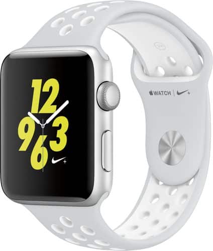 Apple - Apple Watch Nike+ 38mm Silver Aluminum Case Pure Platinum/White Nike Sport Band - Silver Aluminum - Angle