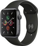 Front. Apple - Apple Watch Series 5 (GPS) 44mm Space Gray Aluminum Case with Black Sport Band - Space Gray.