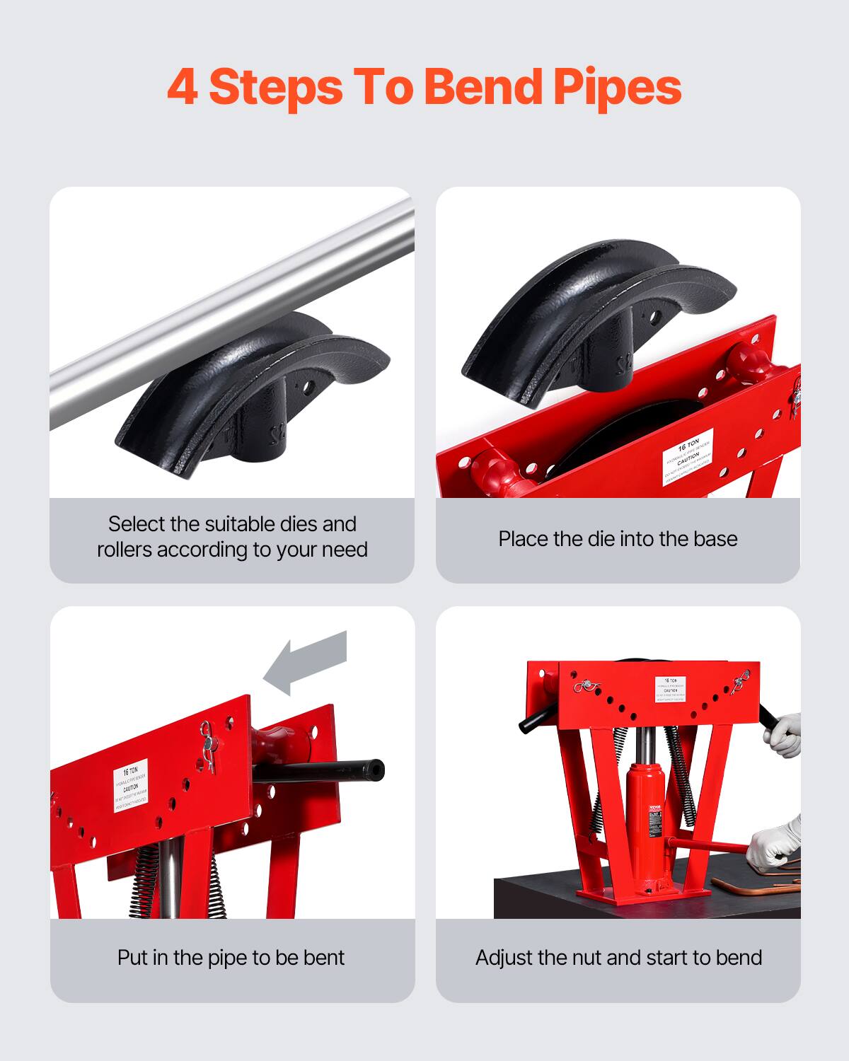 4 Steps To Bend Pipes

1. Select the suitable dies and rollers according to your need
2. Place the die into the base
3. Put in the pipe to be bent
4. Adjust the nut and start to bend