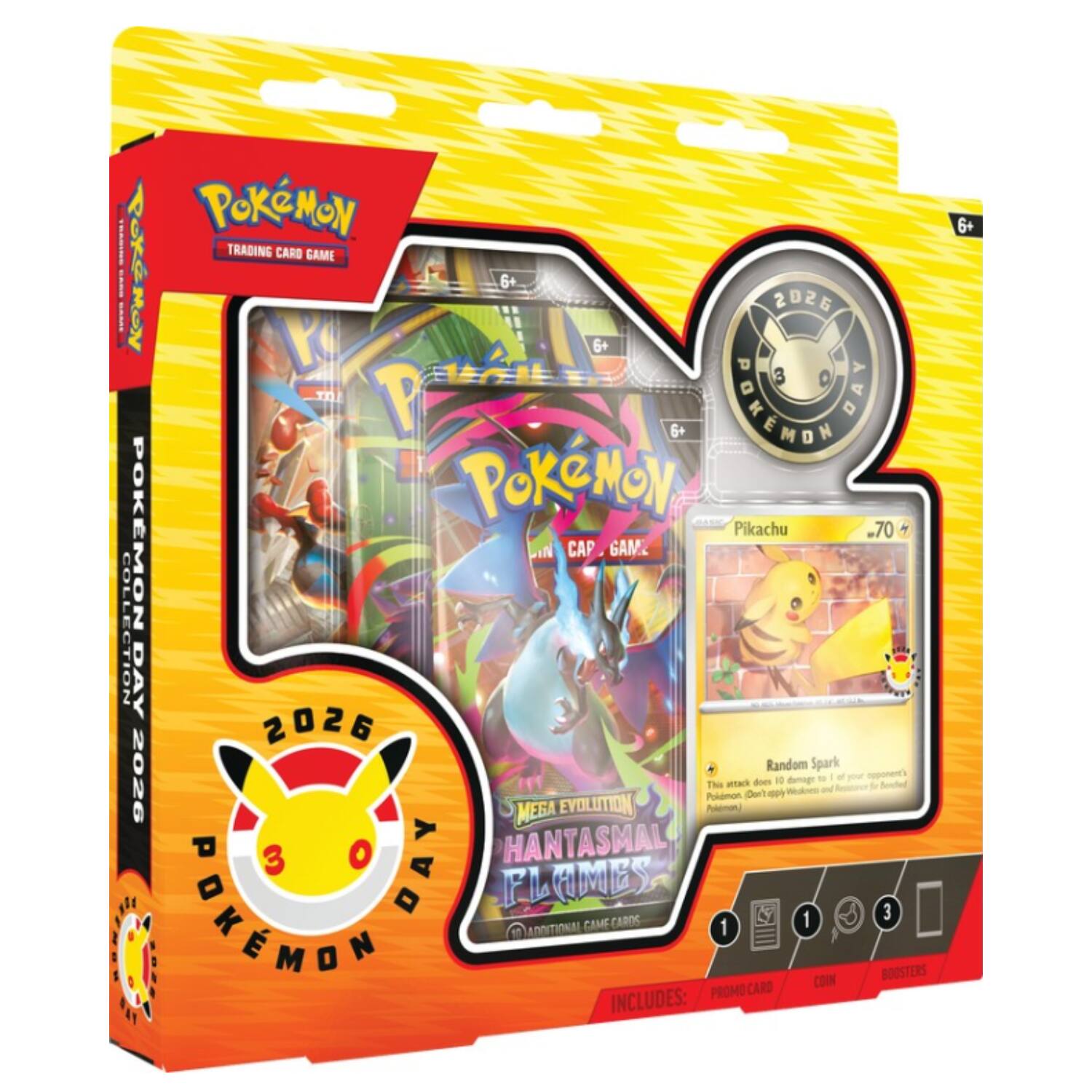 Pokémon Trading Card Game  
Pokémon Day 2026  
Pokémon Pikachu  
70  
Collection  
Pokémon Day 2026  
Random Spark  
Mega Evolution  
Hantasmal Flames  
10  
Traditional Game Cards  
Includes:  
Promo Card  
Coin  
Boosters