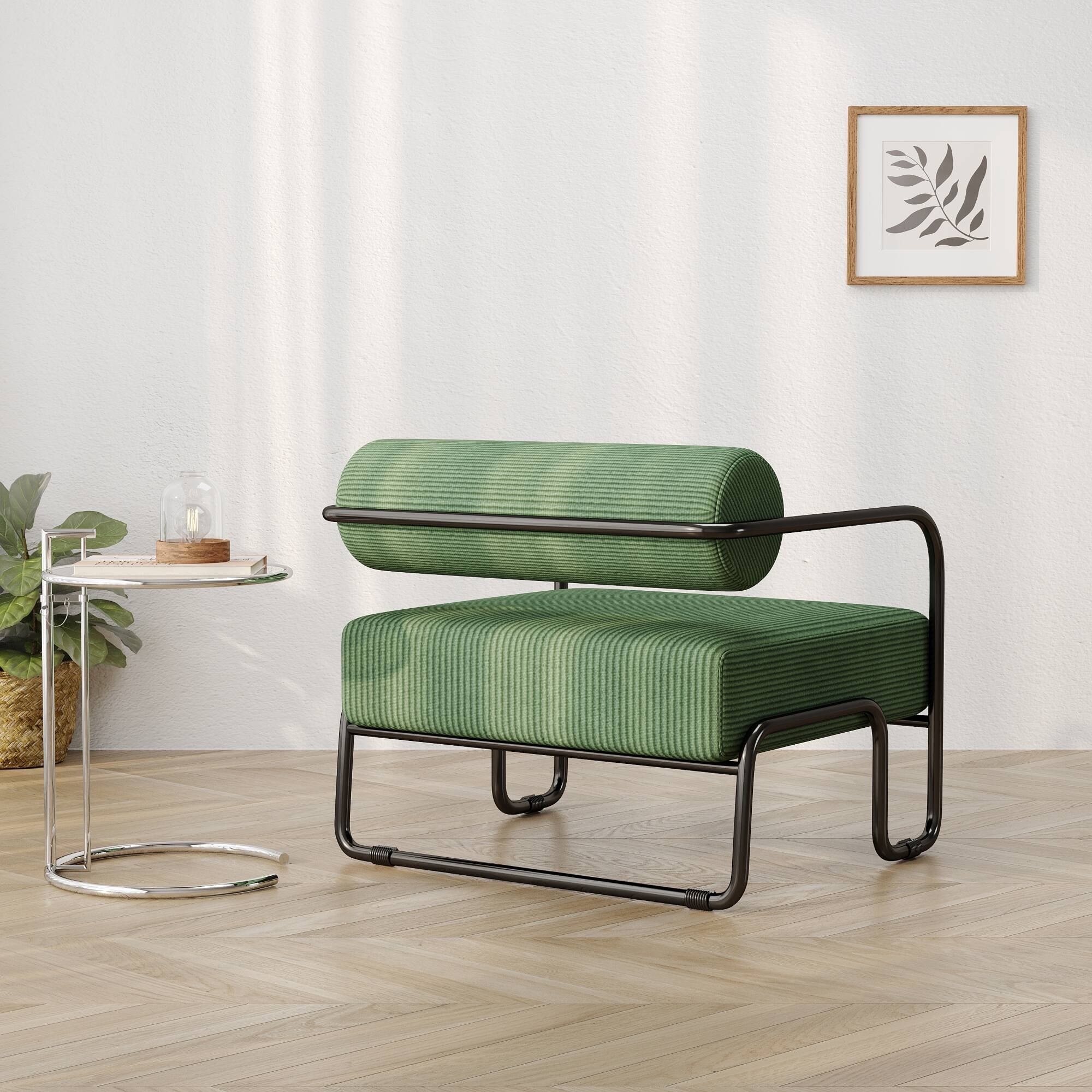 Back. GOODSILO - Comfortable Iron Frame Lounge Chair with Curved Seat and Integrated Backrest for Relaxation - Dark Green.