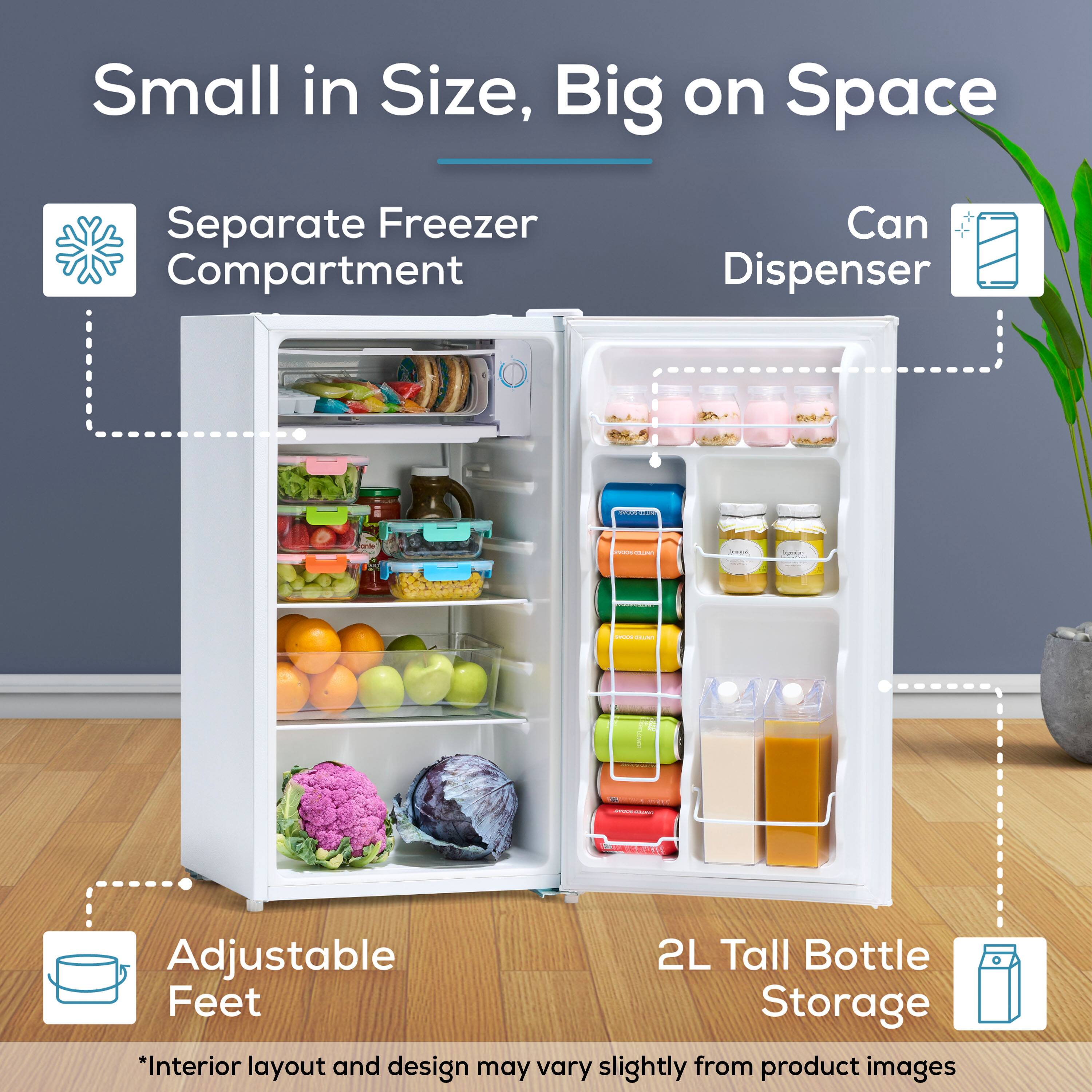 Small in Size, Big on Space

- Separate Freezer Compartment
- Can Dispenser
- Adjustable Feet
- 2L Tall Bottle Storage

*Interior layout and design may vary slightly from product images