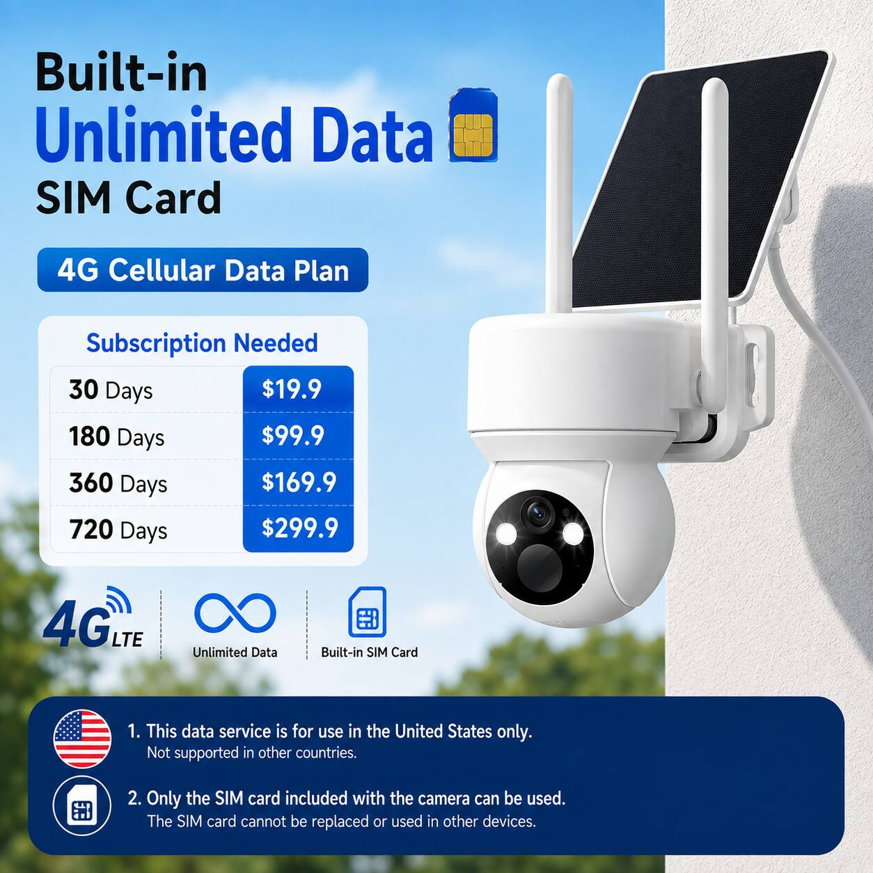 Built-in Unlimited Data SIM Card

4G Cellular Data Plan

Subscription Needed
- 30 Days $19.9
- 180 Days $99.9
- 360 Days $169.9
- 720 Days $299.9

4G LTE
Unlimited Data
Built-in SIM Card

1. This data service is for use in the United States only. Not supported in other countries.
2. Only the SIM card included with the camera can be used. The SIM card cannot be replaced or used in other devices.