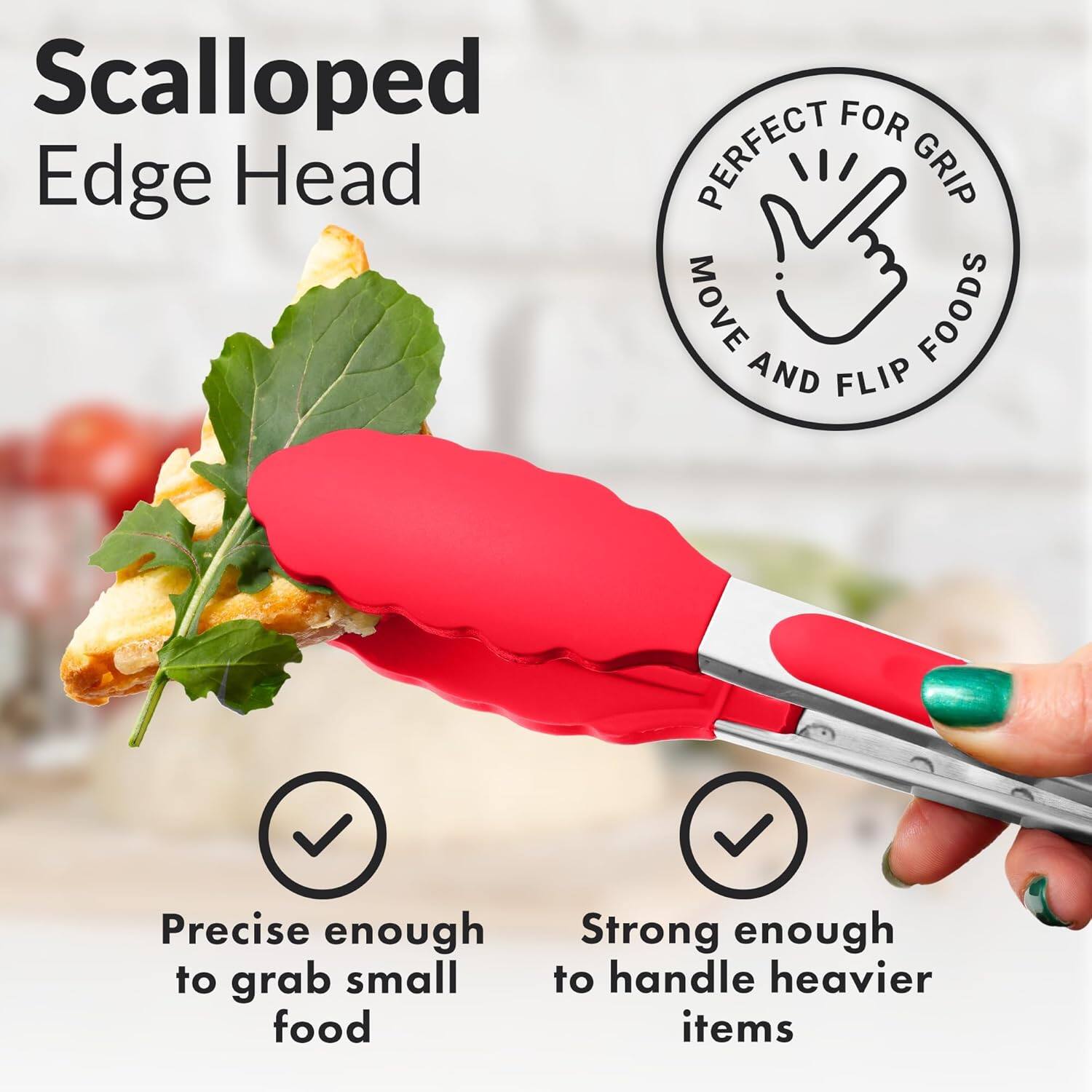 Scalloped Edge Head, Precise enough to grab small food, Strong enough to handle heavier items, Perfect for grip, Move and flip foods
