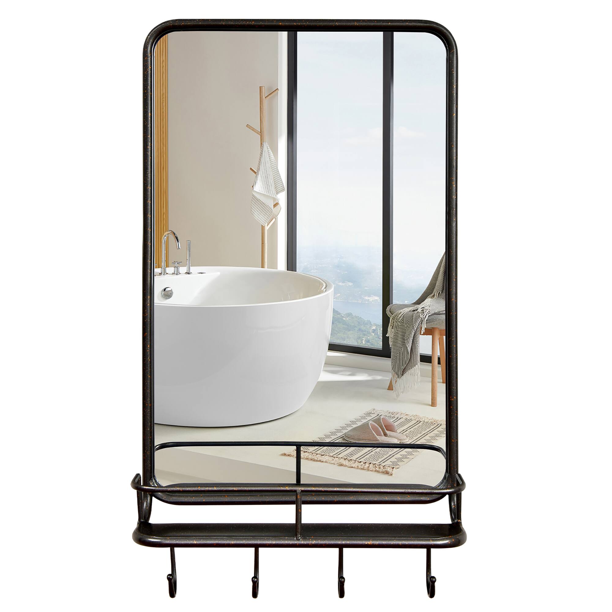 Alt View 1. Costway - Costway Wall Bathroom Mirror w/ Shelf Hooks Sturdy Metal Frame for Bedroom Living Room - Black.