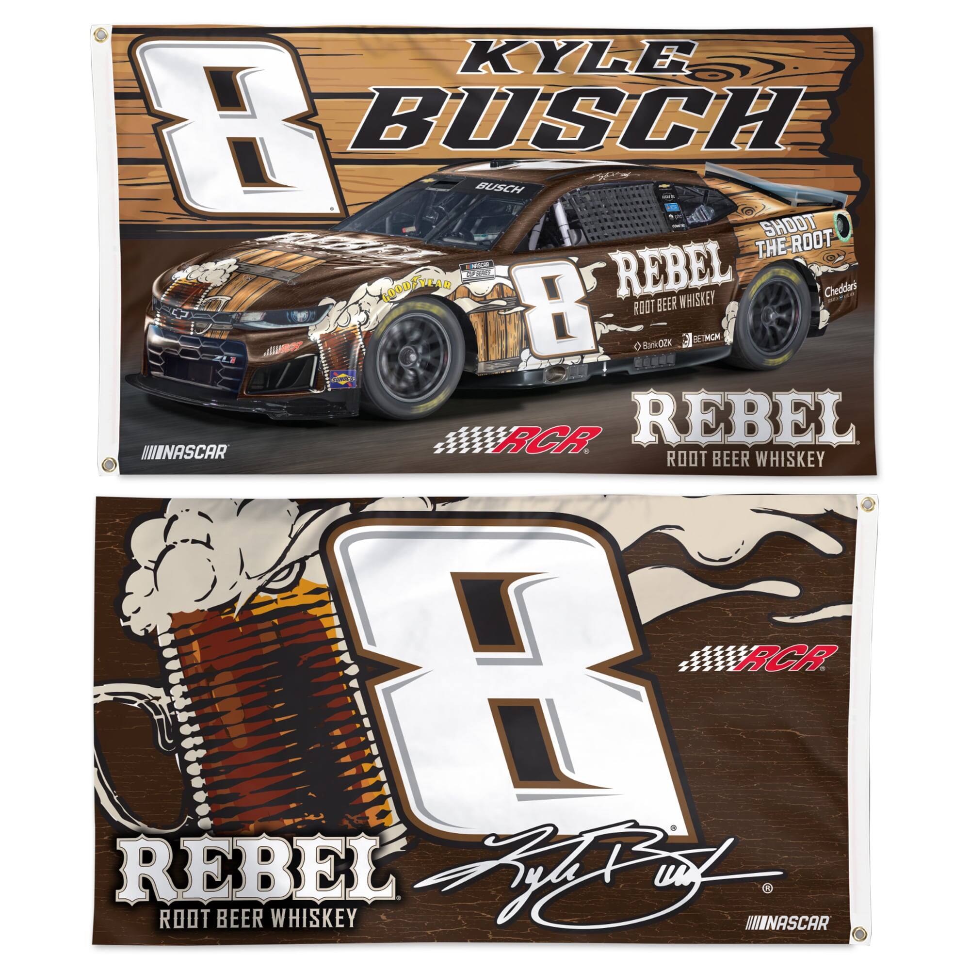 KYLE BUSCH  
8  
REBEL ROOT BEER WHISKEY  
SHOOT THE ROOT  
Cheddar's  
RCR  
NASCAR  

REBEL ROOT BEER WHISKEY  
8  
RCR  
KYLE BUSCH  
NASCAR